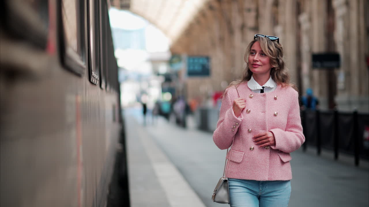 Woman in a pink blazer walking through the Nice train station in France