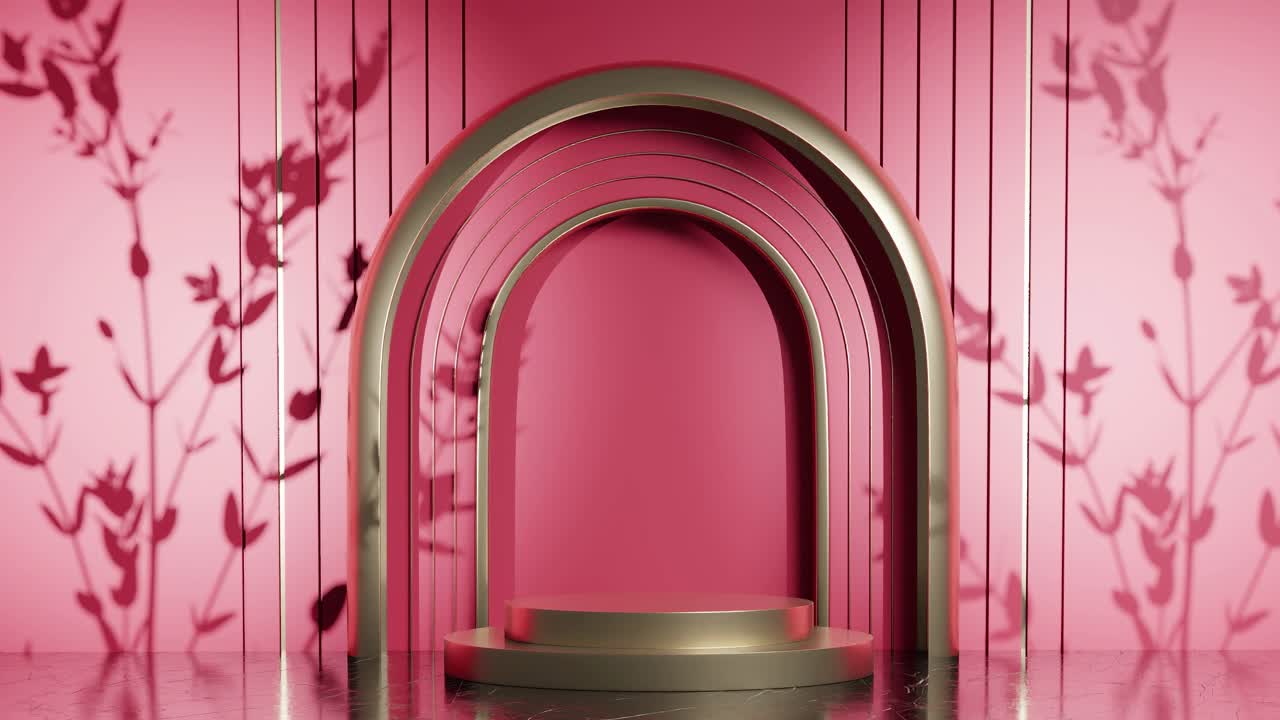 3d 렌더링 애니메이션으로 나무 잎 그림자를 가진 제품 디스플레이 스탠드 디자인, 전자 상거래 판매 할인