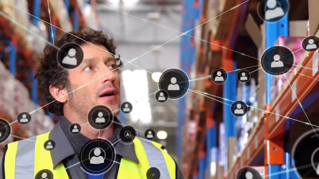 창고에서 일하는 사람 위의 아이콘과 연결 네트워크의 애니메이션