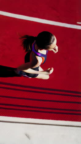 overhead view of a female athlete running on a red track