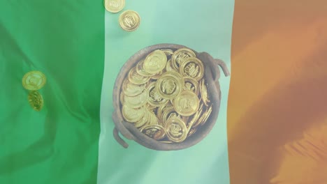 gold coins falling on an cauldron overflowing against an irish flag