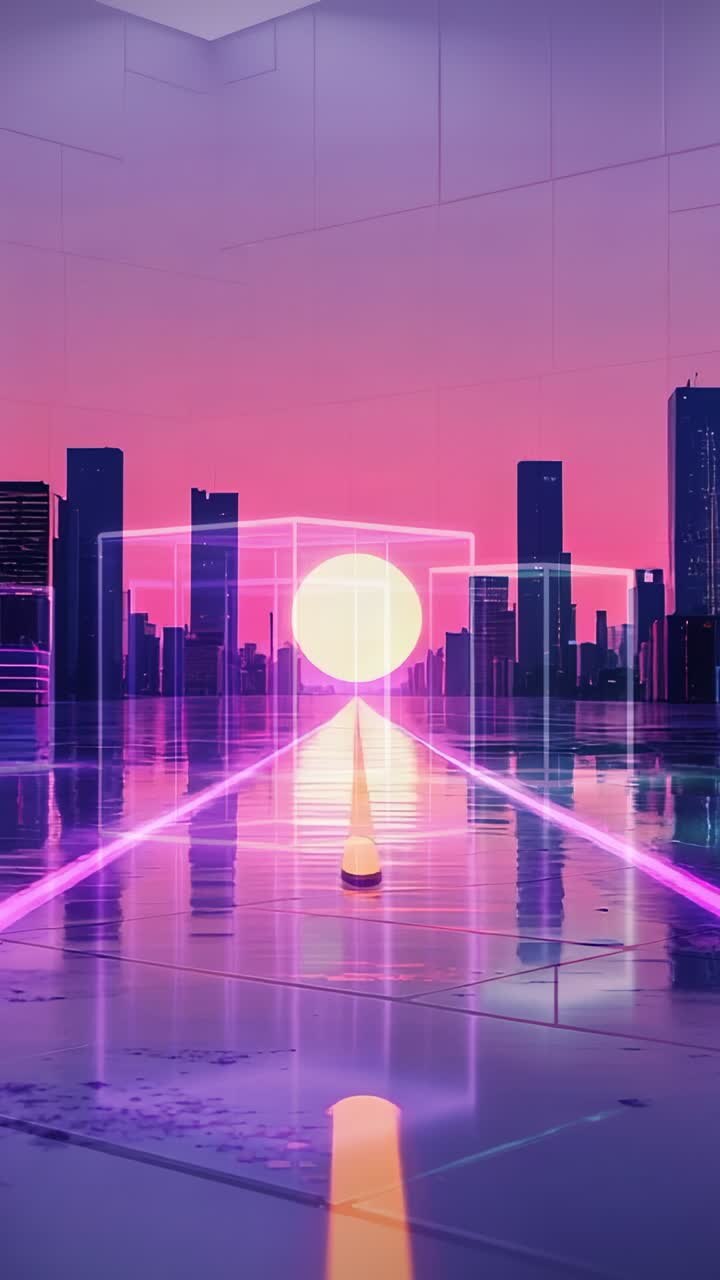 Vídeo vertical: Câmera avançando e deslizando sobre a praça em direção a um orbe pulsante em um cubo de neon, linhas se fundindo