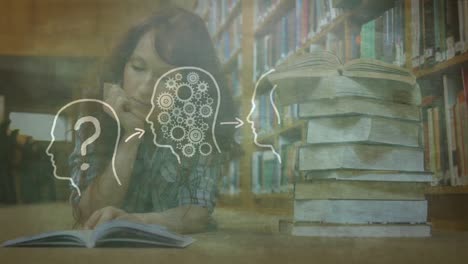 mature women reading in a library with drawing animation on the foreground