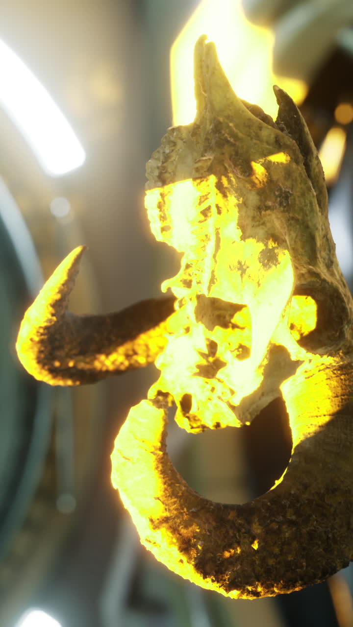Teschio di ariete intricato illuminato in un ambiente spaziale futuristico