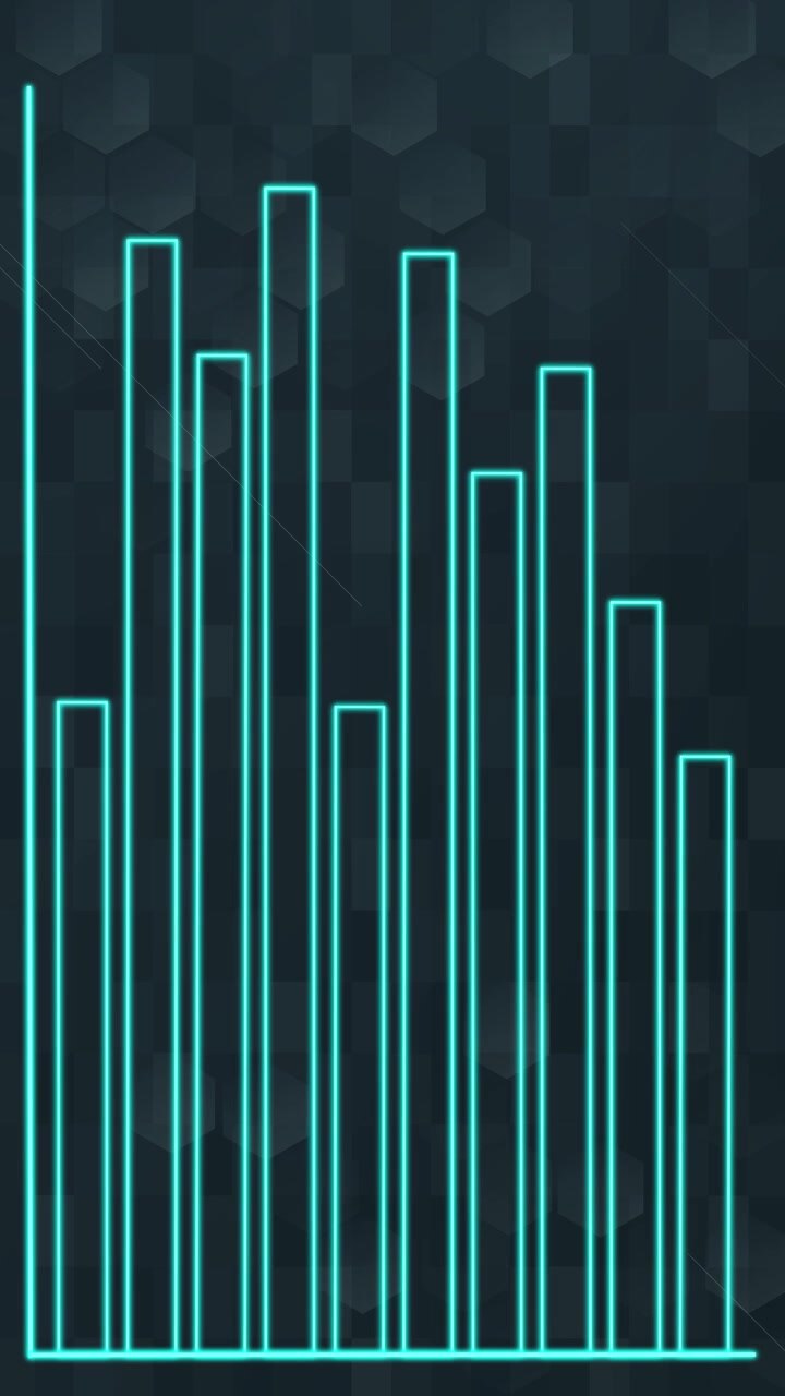 Neonově modrý vertikální sloupcový graf se dynamicky animuje na tmavém šestiúhelníkovém pozadí, plynulé přechody, digitální styl.