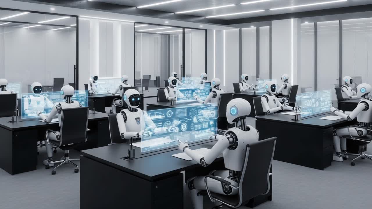 Futuristic Workspace: A Sleek Office Environment Filled with Advanced Robots Engaged in Collaborative Activities at High-Tech Workstations