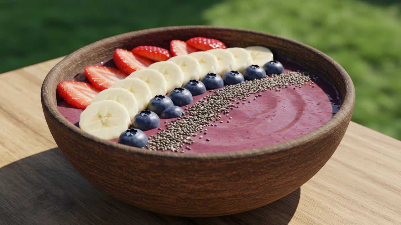 Colorata e vivace smoothie bowl con fragole fresche, banane e mirtilli, elegantemente guarnita con semi di chia per una delizia visivamente accattivante e una sana colazione