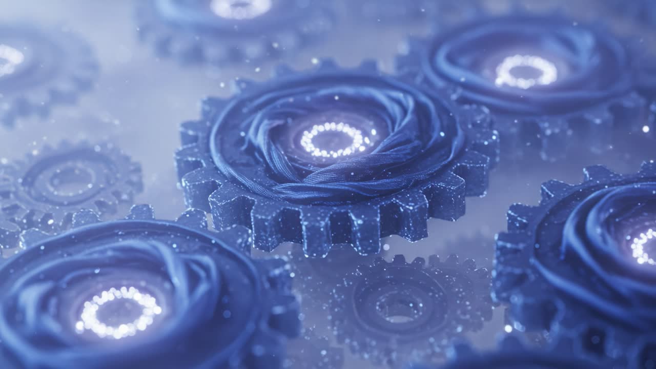 Abstract Representation of Interwoven Gears Featuring Floral Patterns and Luminescent Details in a Mystical Blue Color Palette