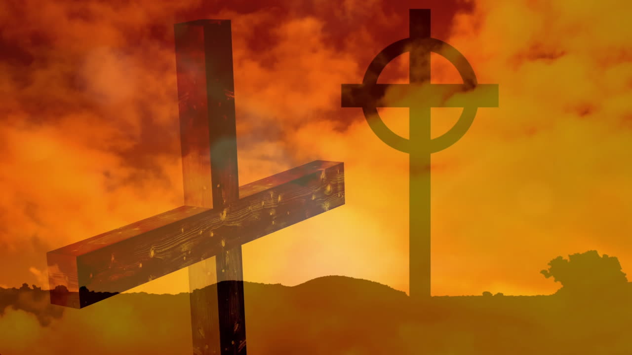 구름을 배경으로 풍경 위에 기독교 십자가의 애니메이션