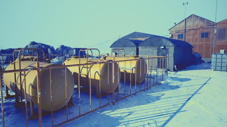 Serbatoi industriali di stoccaggio presso una stazione di ricerca artica in una posizione remota