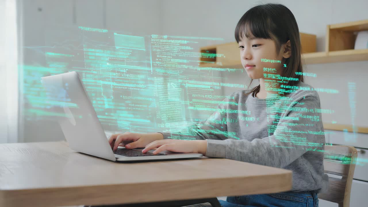 Girl learning programming on laptop