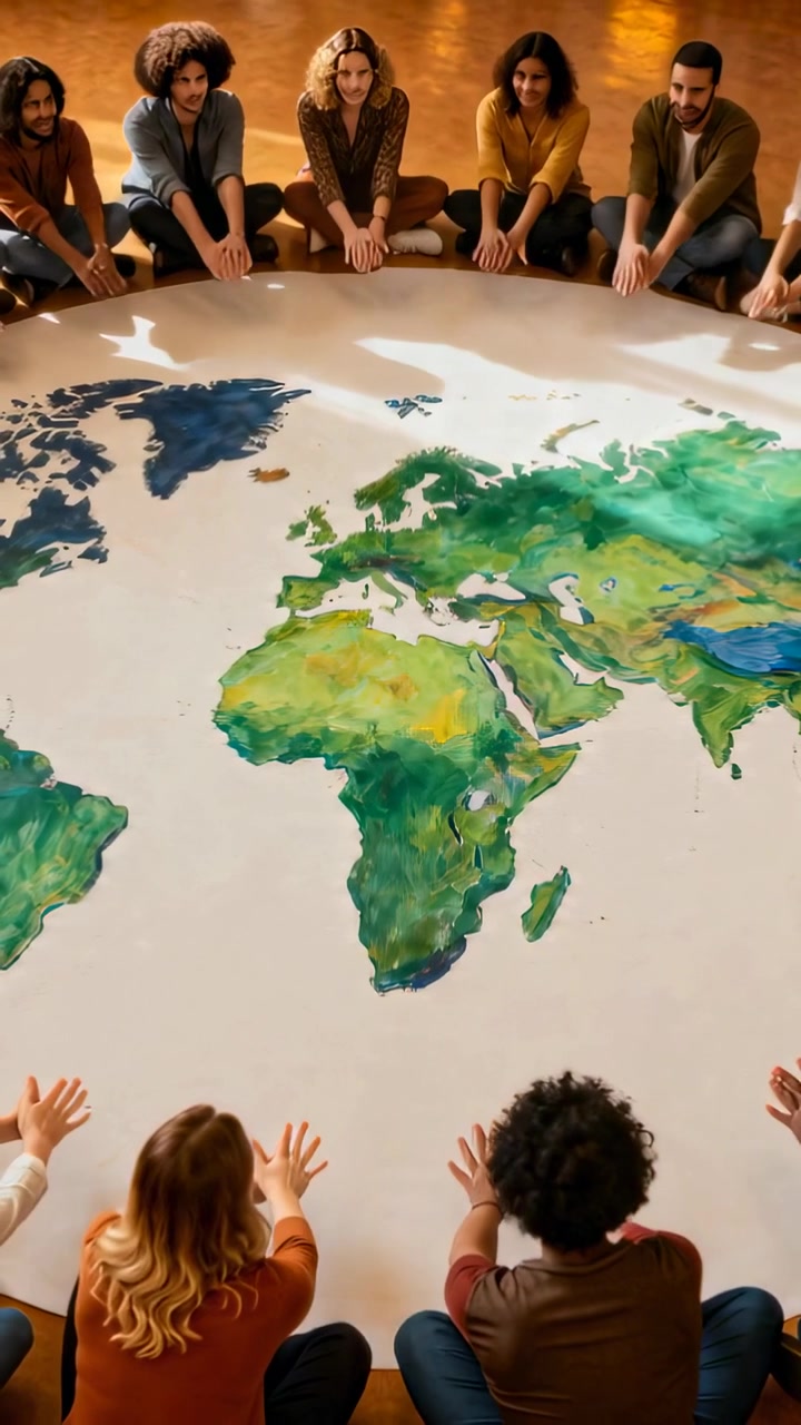 Vertical video: Leaning group of adults moving on cue in warm room placing palms on map for unity