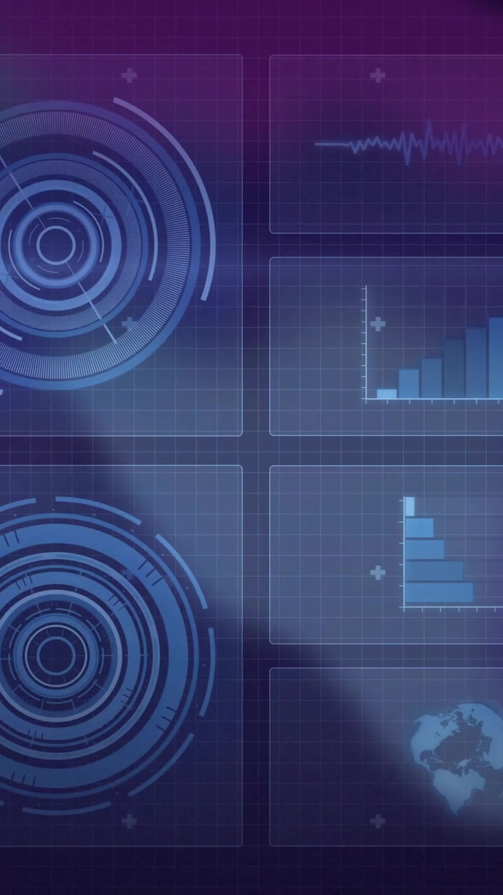 Graphs and circular patterns over digital interface with futuristic animation background