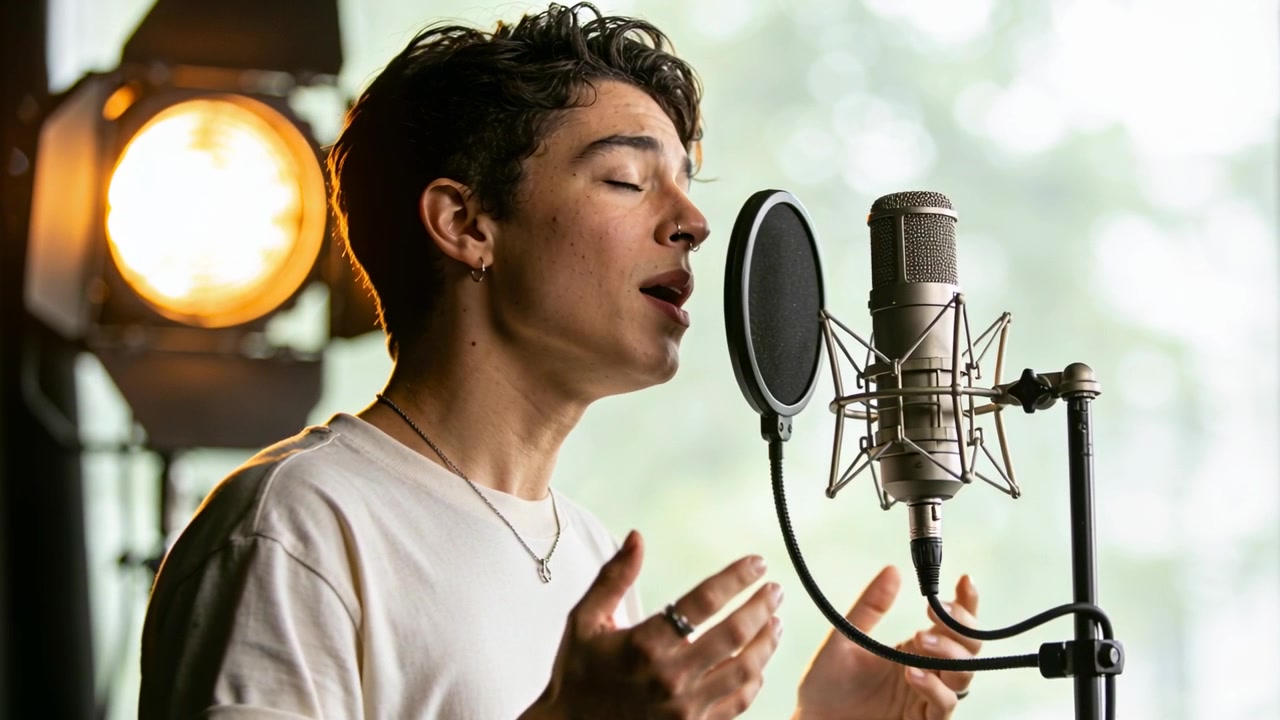 Cantante che inspira e mantiene una nota durante una registrazione in studio, chinandosi verso un microfono da studio con filtro anti-pop.