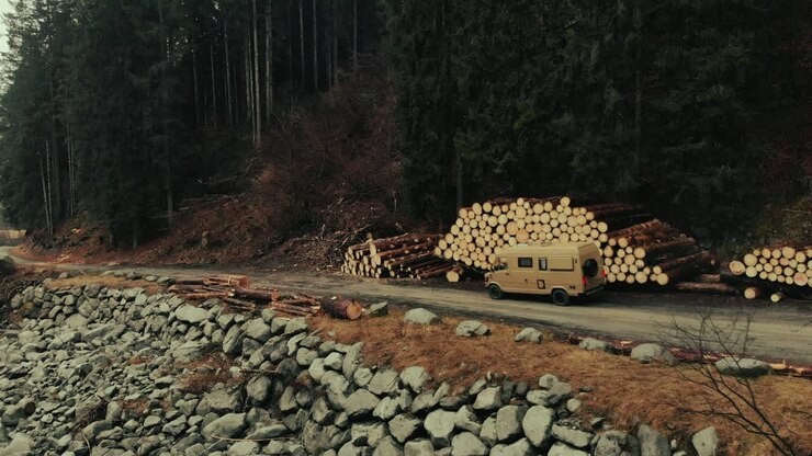 Forest Road with Camper and Logs