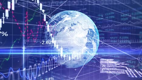 animation of financial graphs and globe over navy background