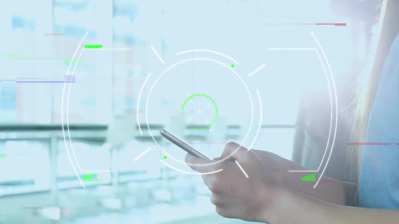 스 ⁇  스캐닝의 애니메이션, 스마트 폰을 사용하는 사업가에 대한 데이터 처리