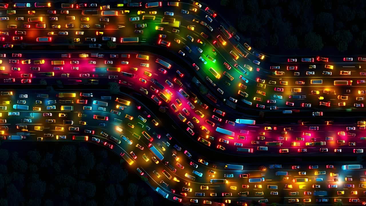 Aerial View of a Vibrant Traffic Jam at Night: Colorful Lights and Highways Displaying the Busy Movement of Vehicles in an Urban Setting, Capturing the Essence of City Life