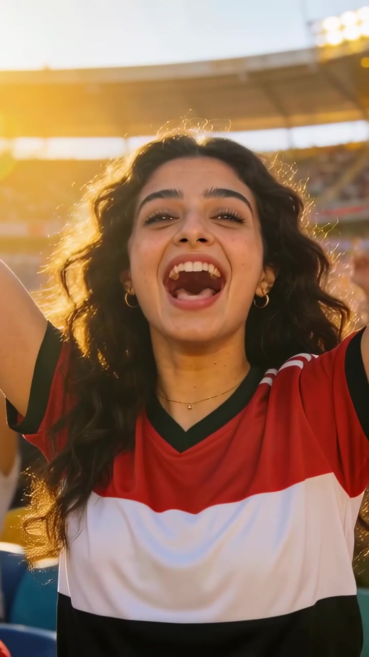 Video verticale: Donna esultante in maglia rossa che festeggia un gol, urlando e applaudendo alla bandiera dello stadio.