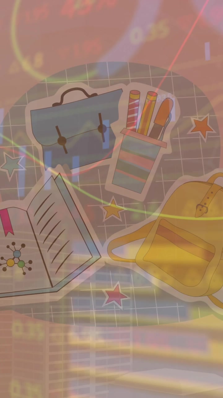Animation of data processing over school items icons