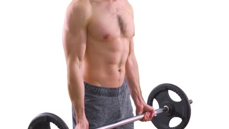 hombres fitness levantando pesas de barra para bíceps en pantalla verde