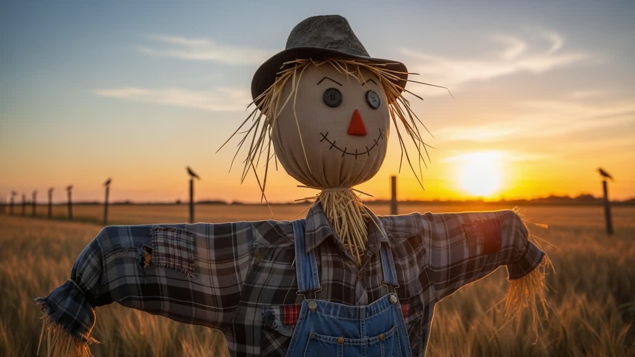 A Charming Scarecrow Stands Vigilantly in a Golden Wheat Field at Sunset, Guarding the Crops Against Pests While Embracing the Serene Beauty of Nature