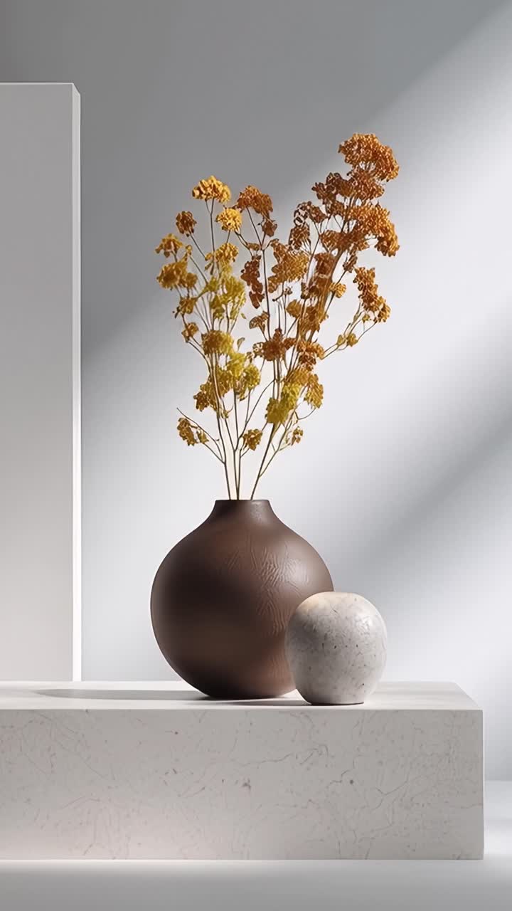 Elegant Minimalist Composition Featuring a Dark Vase with Dried Flowers and a Light Stone Object, Showcasing Contemporary Design and Textural Contrasts