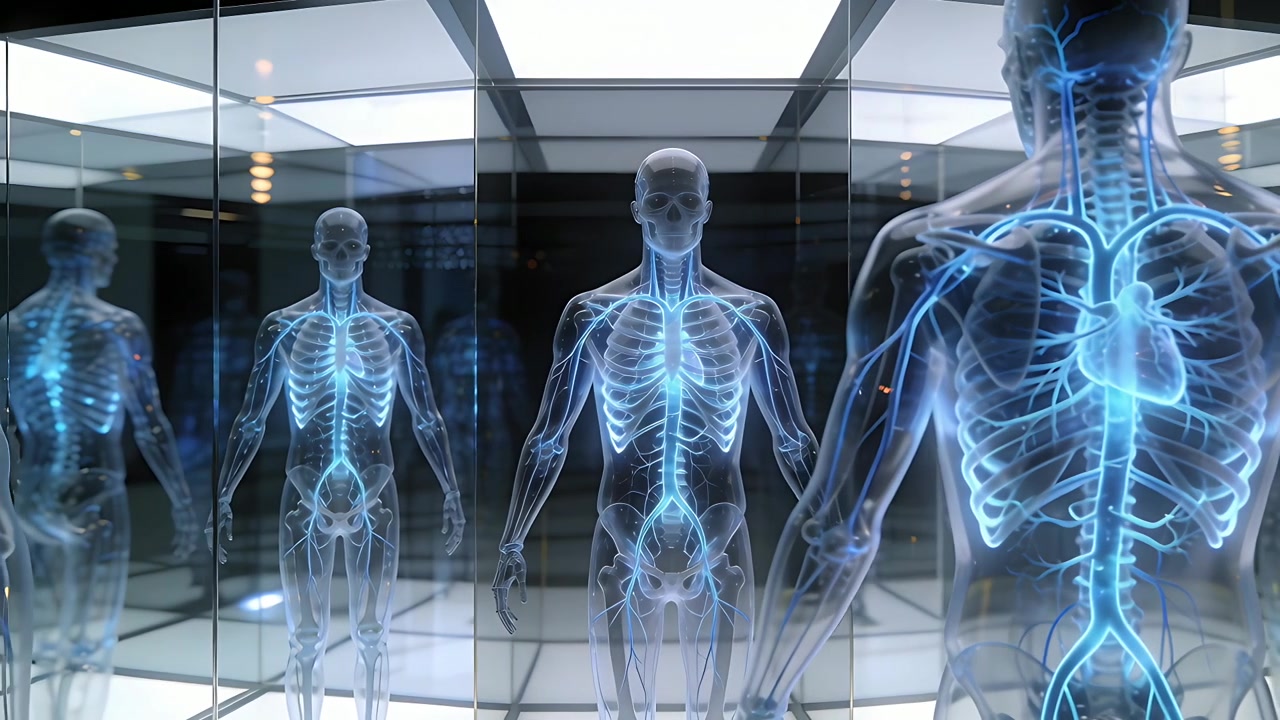 Activating lights, center anatomy model showing blue bones and vessels in mirrored cube for display