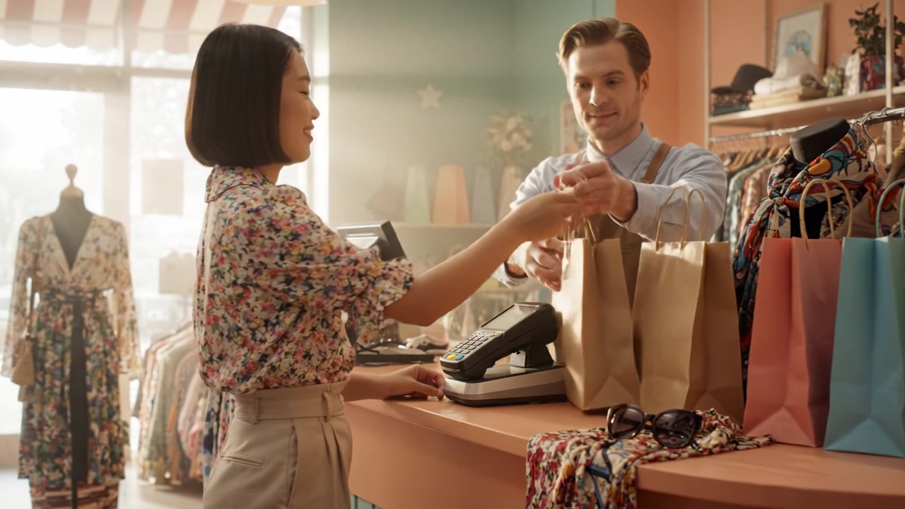 A friendly interaction between a customer and a shopkeeper in a vibrant retail setting, showcasing shopping dynamics and the cheerful ambiance of a boutique.