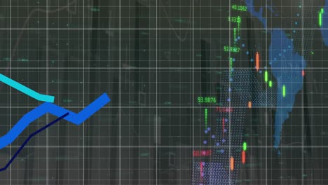 Animación-Del-Procesamiento-De-Datos-Financieros-Y-Estadísticos-Sobre-El-Mapa-Mundial-Sobre-Fondo-Gris