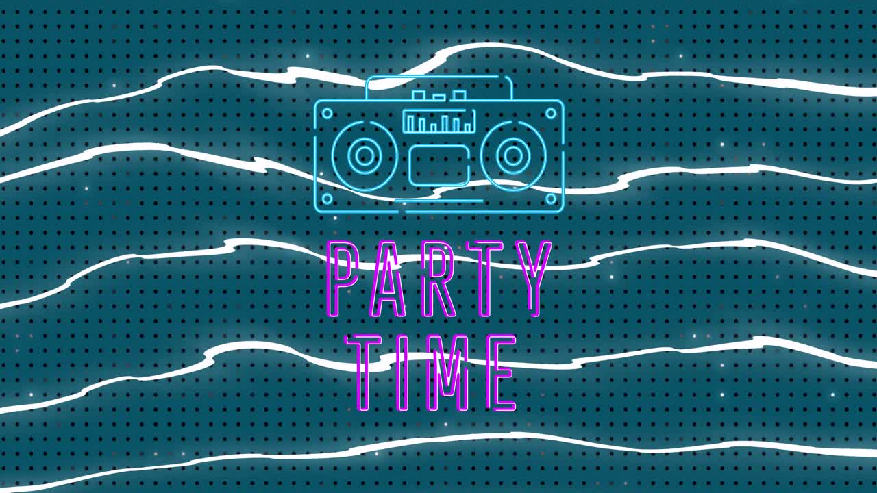 파티 타임과 빈티지 라디오의 애니메이션이 초록색 배경에 선으로