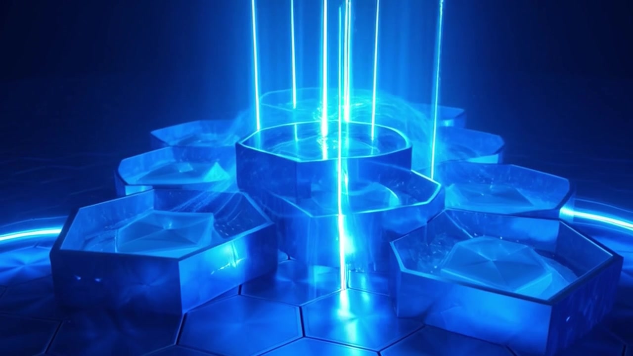 Abstract Digital Hexagon Network with Glowing Blue Light Beams