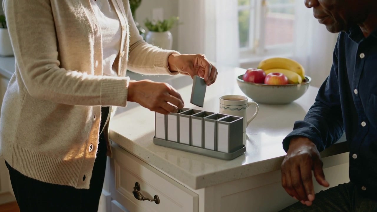 Noticing pill organizer, woman in beige cardigan opening slots at kitchen island