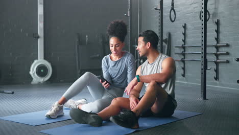 smartphone, fitness and personal trainer talking