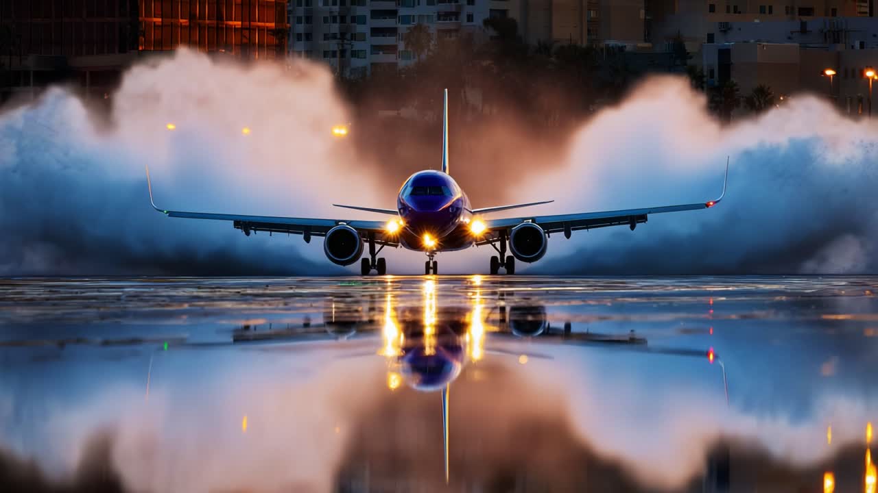 A striking display of aviation prowess as a jet airplane takes off, sending waves of water crashing beside it, against the backdrop of a vibrant city skyline illuminated at dusk