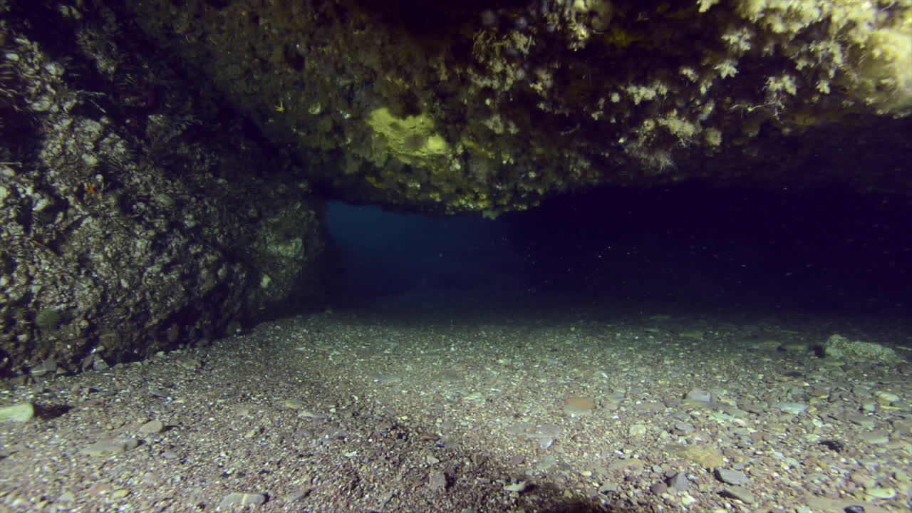 going through a cavern while scuba diving in the cold Atlantic ocean