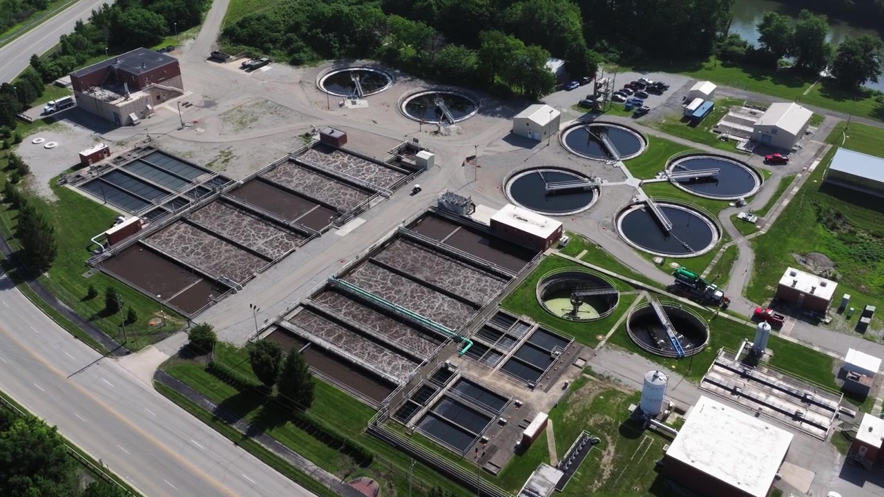 Establishing Drone Shot Above Water Treatment Facility