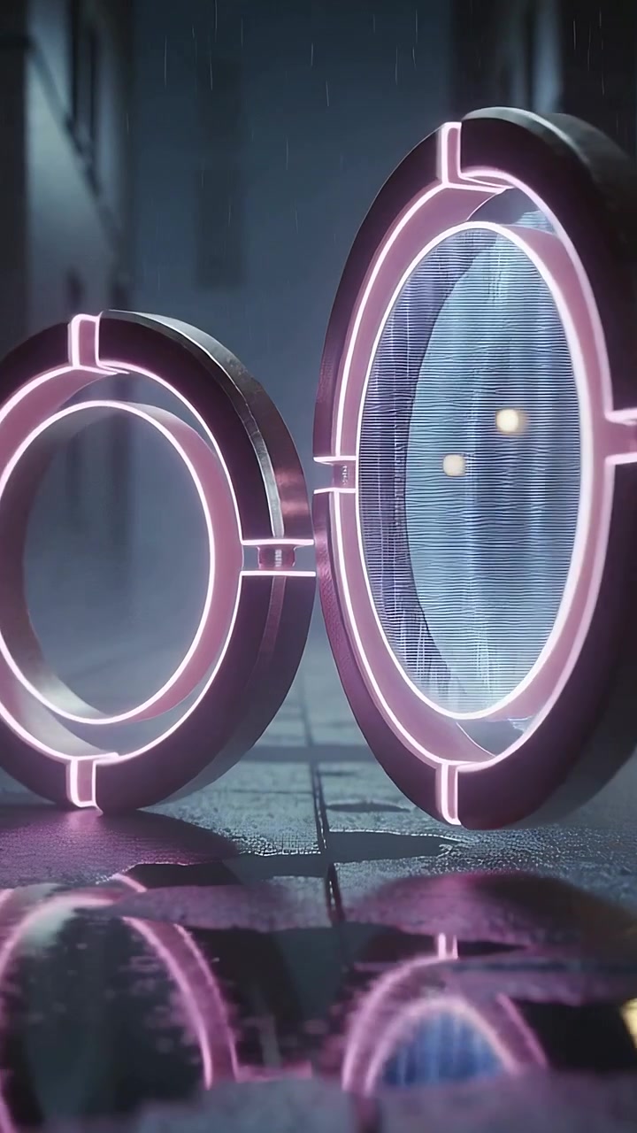 Vertical video: Activating right ring projecting holo panel while tilting in wet alley, pink trim