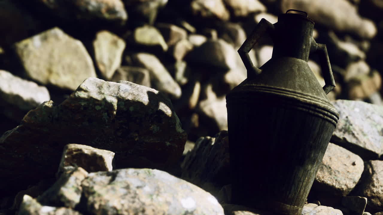 Antique jug resting on rocky ground in a natural setting at dusk