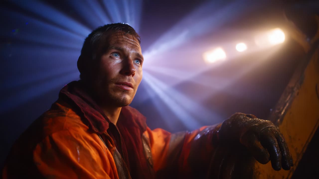 A focused worker, illuminated by beams of light, contemplates his surroundings while seated in a heavy machinery environment, showcasing determination and resilience in challenging conditions