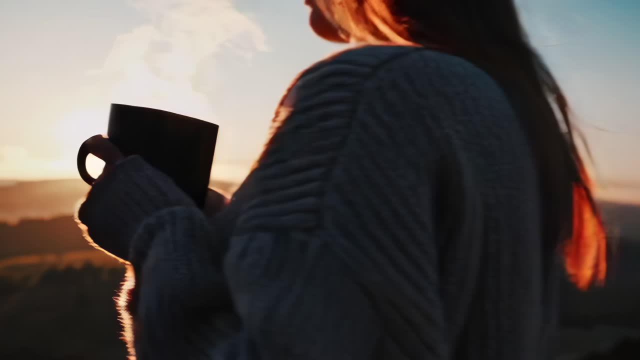 Cozy Moment: Person Enjoying a Hot Drink with a Scenic Sunrise View