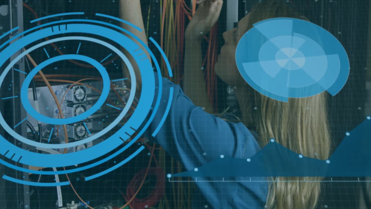 백인 여성 검사 서버를 통해 데이터 처리의 애니메이션