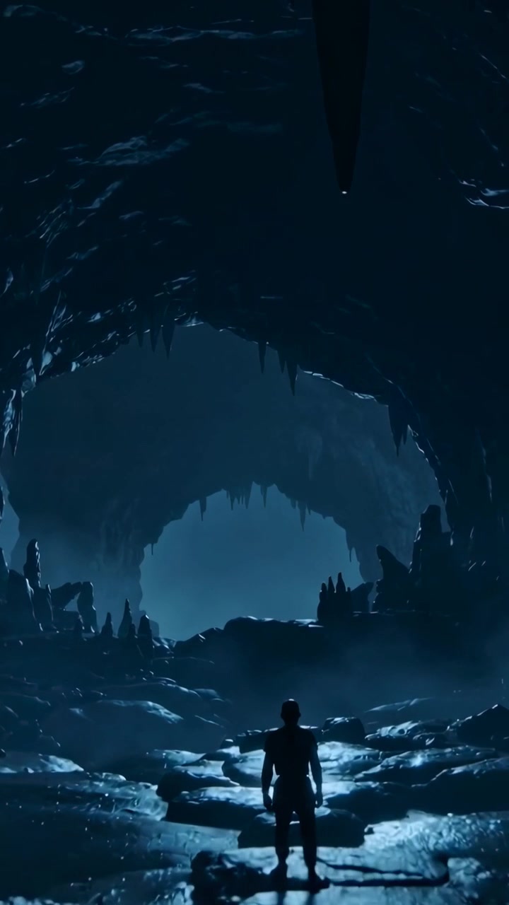 Vertical video: Walking figure in armor moving toward glowing cavern arch, following blue glow