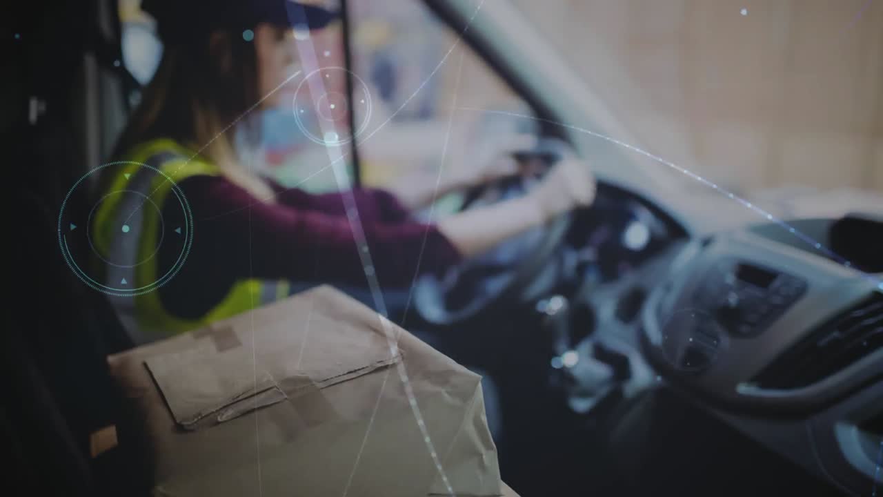 연결의 애니메이션과 결합된 밴에서 배달 여성의 창고 구성