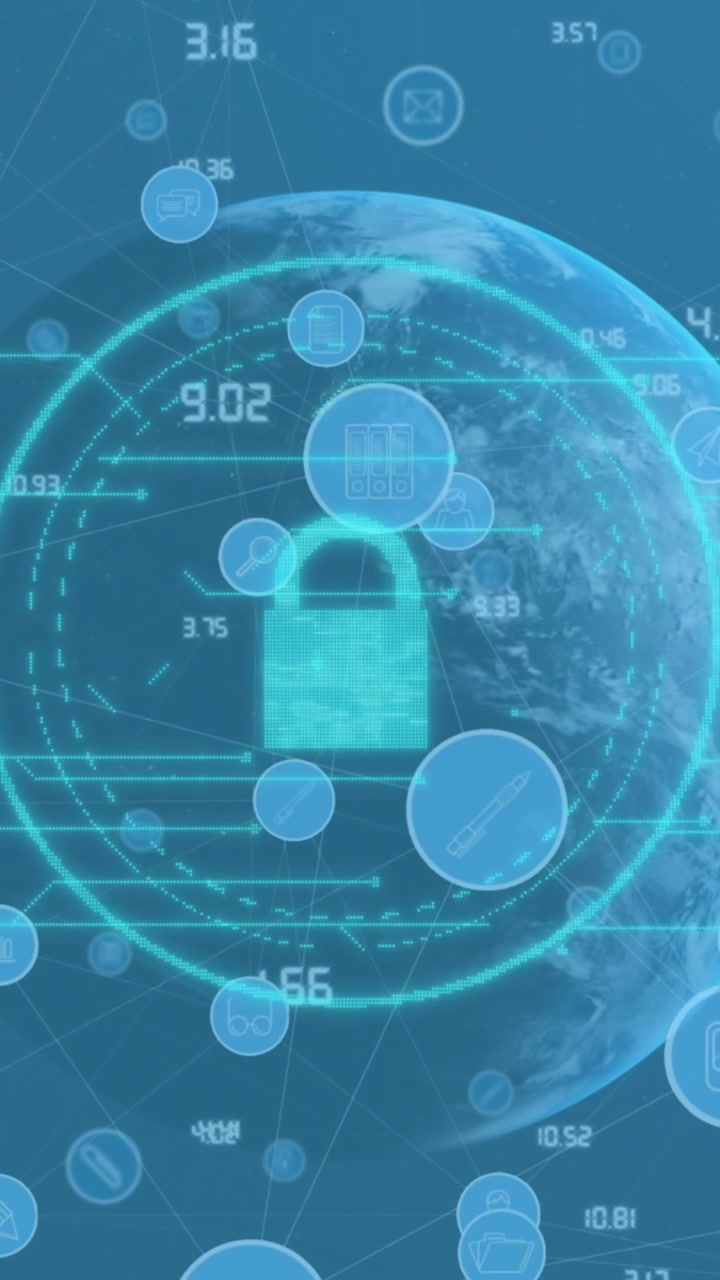 Animazione di icone a lucchetto con globo e elaborazione dati