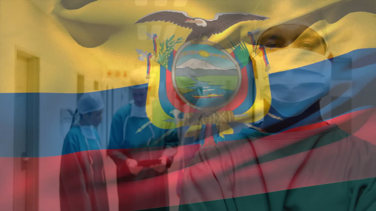 Ecuadorian flag animation overlaying healthcare workers walking in hospital corridor
