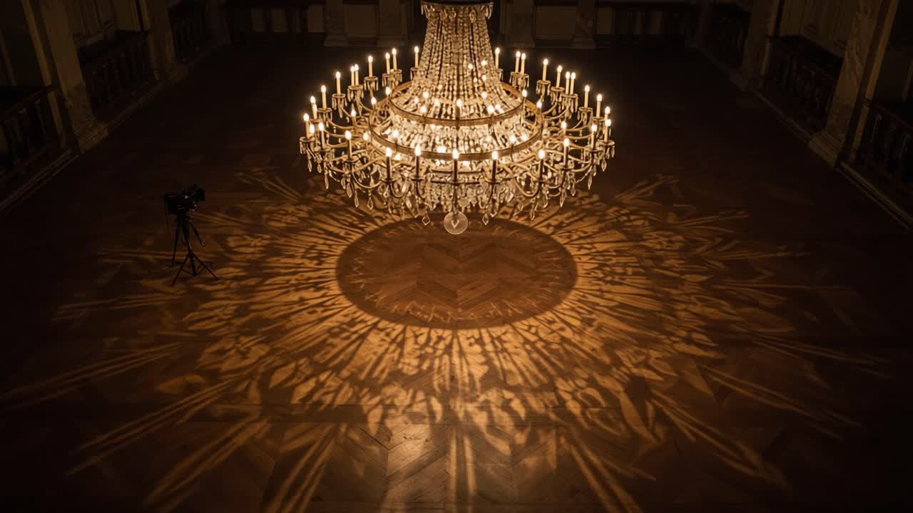 A Majestic Crystal Chandelier Casting Intricate Shadows on the Floor in an Elegant Room, Showcasing the Beauty of Light and Reflection