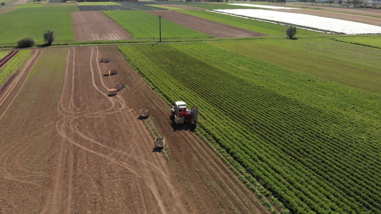 Toma aérea, volando sobre un tractor cosechando patatas con un hombre de pie detrás.
