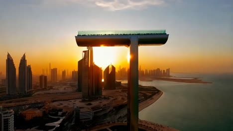 dubai sunset skyline with floating restaurant