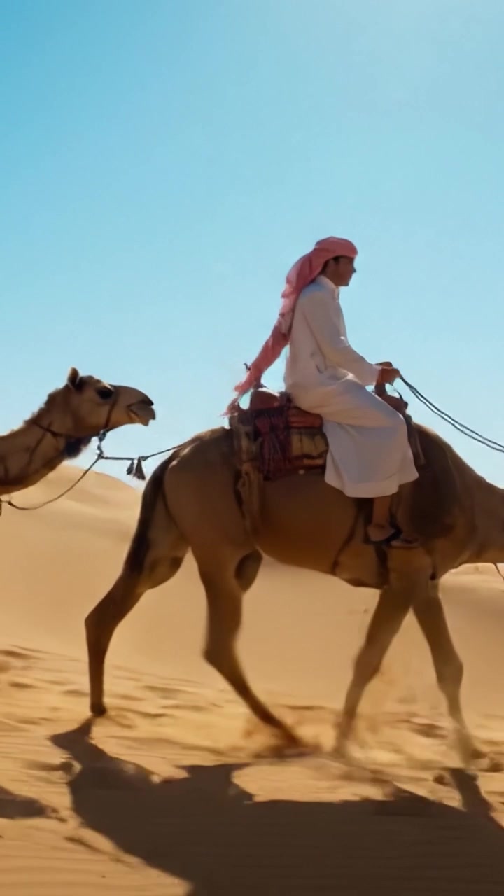 Un Viaggio Attraverso il Deserto: Una Persona a Cavallo di un Cammello Tra Dune di Sabbia Sotto un Cielo Azzurro Sereno, Catturando l'Essenza dello Stile di Vita Nomade